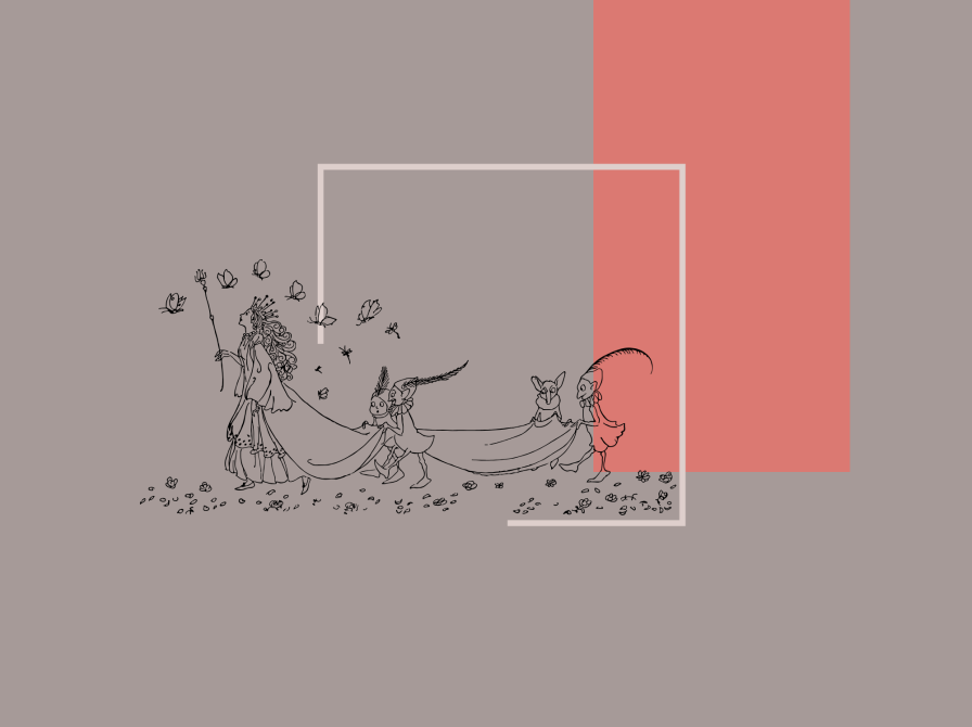 Tegning af en dronning og en række små alfer, der bærer hendes kåbe